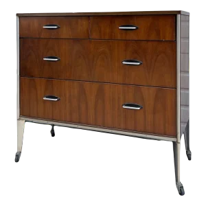 1970s Vintage Mid Century Modern Dresser by Raymond Loewy for Hill Rom in Walnut With Casters