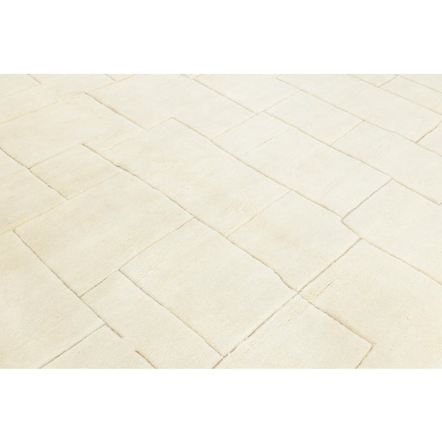 Contemporary Sculpted Ivory Moroccan Wool Rug Hand-Knotted Geometric High-Low For Sale - Image 10 of 12