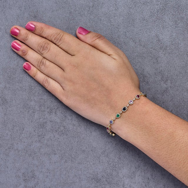 Haus of Brilliance 14K Yellow Gold Multi-Gemstone and Diamond Halo Rainbow Link Bracelet For Sale - Image 4 of 5