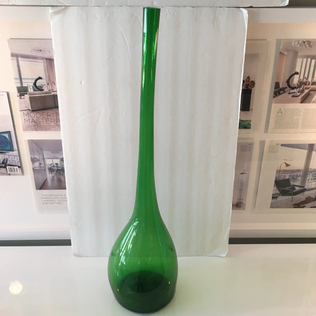 Glass Antique Early 20th Century Translucent Green Long - Neck Hand - Blown Bottle For Sale - Image 7 of 10