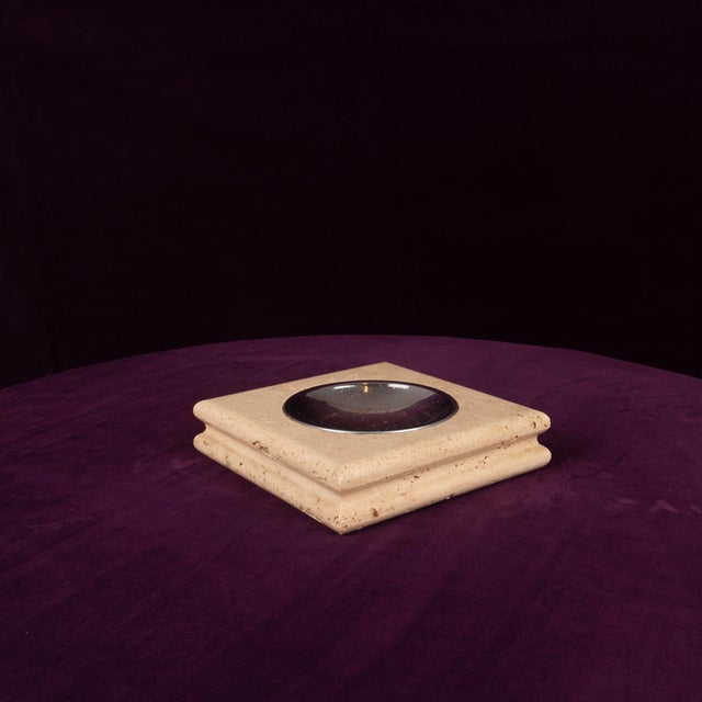 Italian Square Travertine Ashtray with Removable Metal Dish, 1970 For Sale - Image 11 of 16