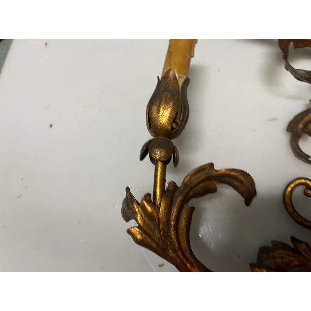 Large Tole Florentine Gold Gilded Sconces, 1960s, Set of 2 For Sale - Image 6 of 12
