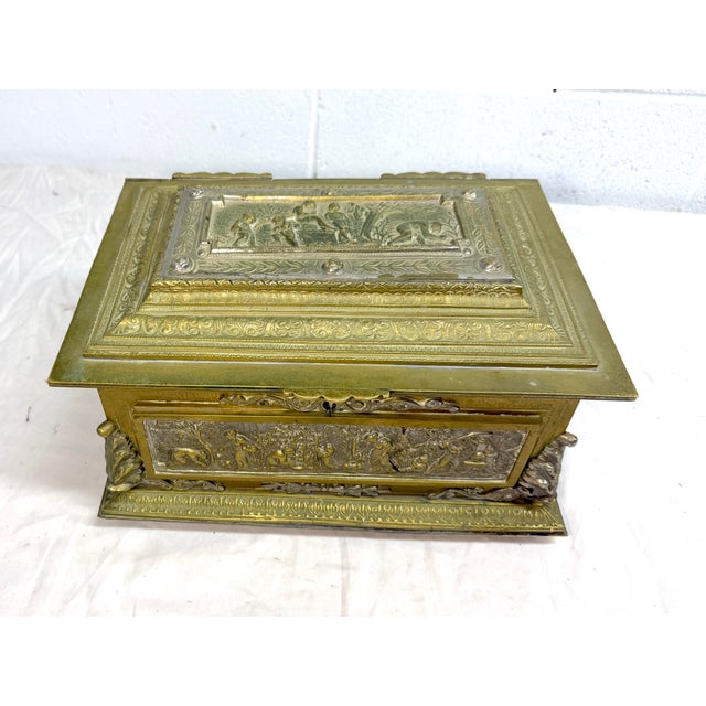 1910s Large Antique Spanish Baroque 2 Tone Heavy Brass Ornate Dresser Casket Desk Box For Sale - Image 5 of 16