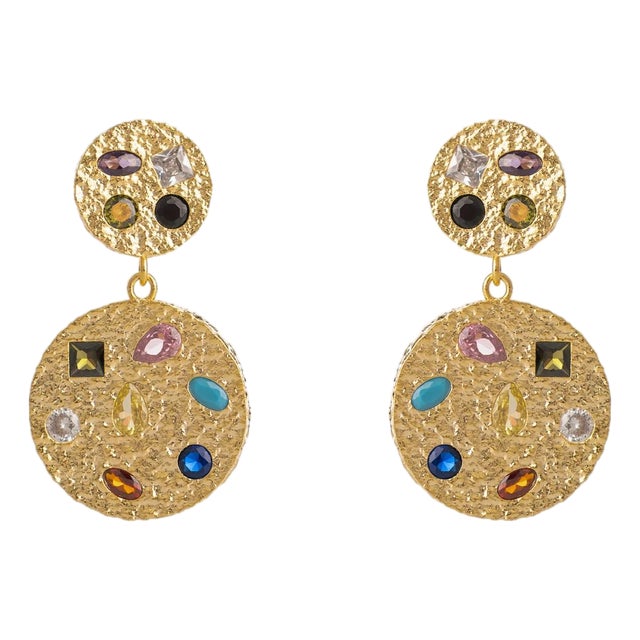 Celestial Harmony Multi Gemstone Gold Earrings, A Pair For Sale