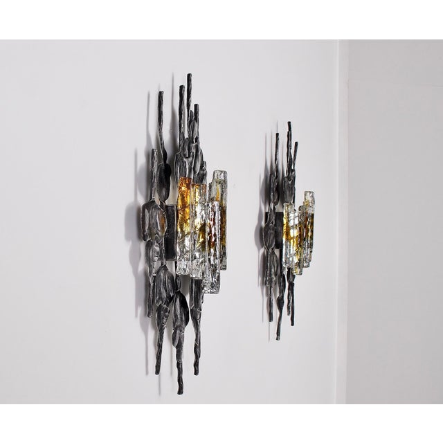 Large Brutalist Wall Sconces in Wrought Iron and Glass, 1970s, Set of 2 For Sale - Image 6 of 14