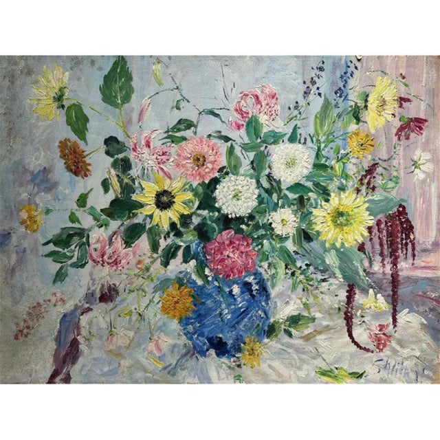 Post Impressionist Samuel Rothbort, Large Bold Modernist Floral Bouquet Impasto Oil Painting Flowers Samuel Rothbort, c.1940's-1950's For Sale - Image 3 of 8