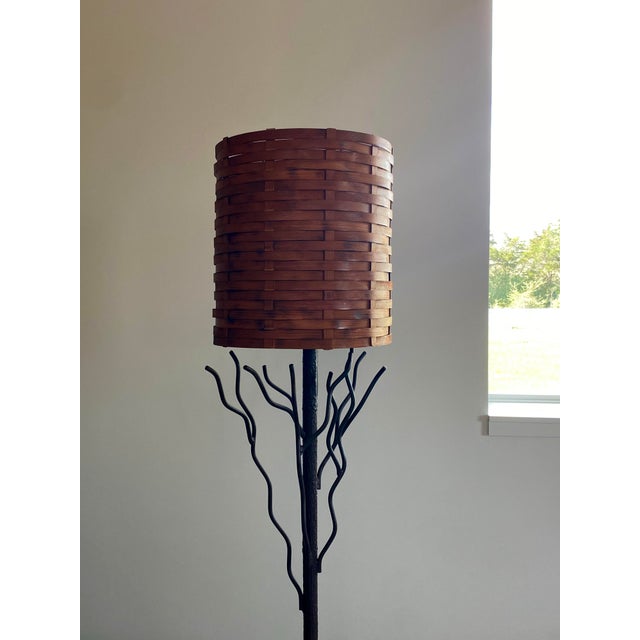 Tree-Like Welded Iron Floor Lamp With Woven Wood Shade For Sale - Image 6 of 17