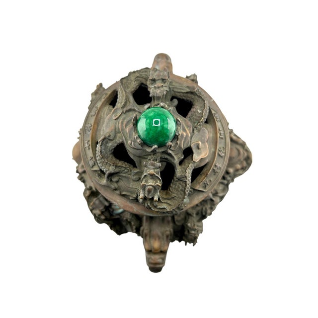 Antique Chinese Bronze Censer With Jade Orb Finial – Dragon Temple Incense Burner For Sale - Image 11 of 11
