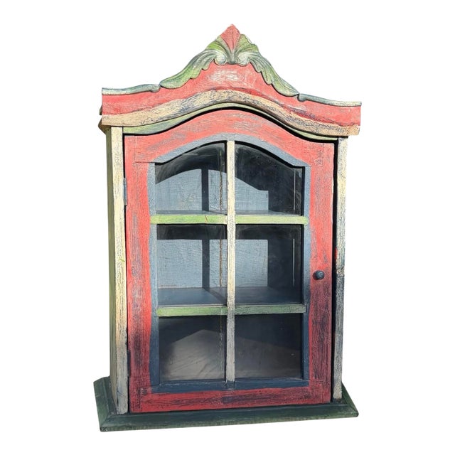 Vintage Handcrafted Folk Art Wall Cabinet With Distressed Polychrome Finish For Sale
