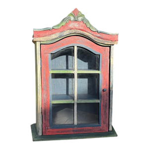 Vintage Handcrafted Folk Art Wall Cabinet With Distressed Polychrome Finish