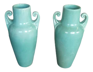 Statuesque Turquoise Art Deco Period American Bat Wing Handle Vases - a Pair