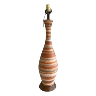 1960s Mid Century Glazed Ceramic Table Lamp With Wood Base For Sale