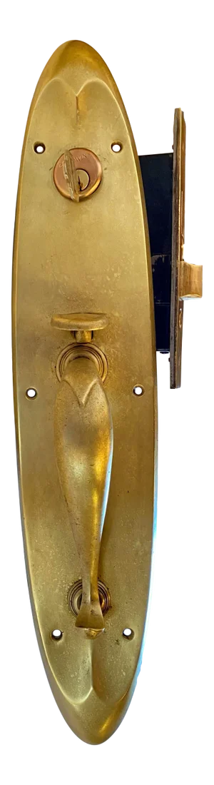 1920s Exterior Cast Brass Door Handle Set W/Matching Bell - 6 Pieces