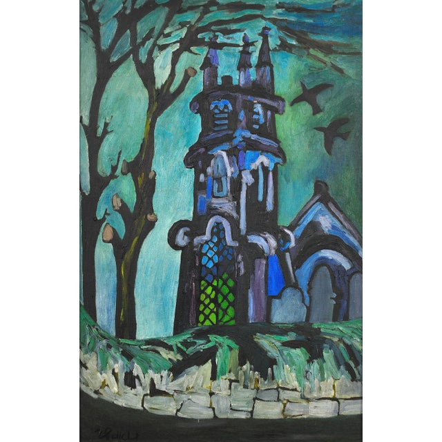 Joan gillchrest. english ( b.1918 - d.2008 ). church and churchyard. oil on board. signed lower left. image size 33.9...