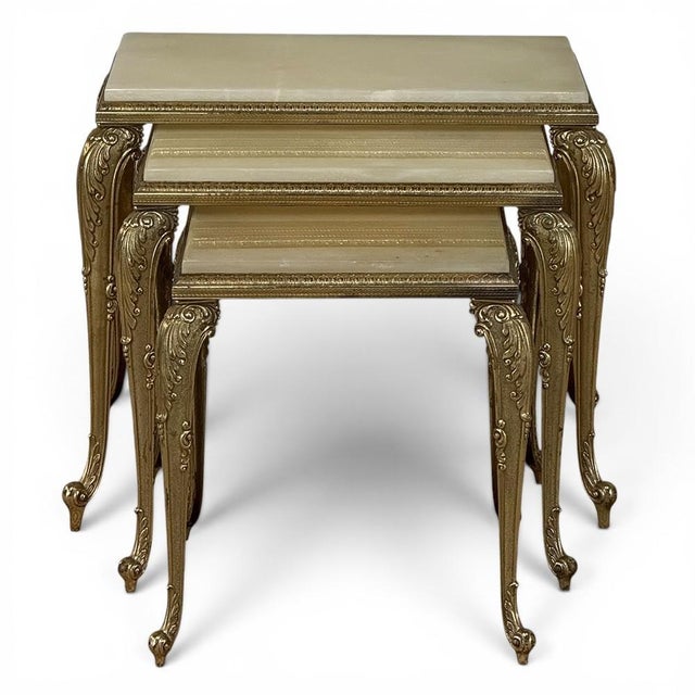 Set of Three Mid-Century French Louis XV Style Brass and Onyx Nesting Tables For Sale - Image 4 of 18