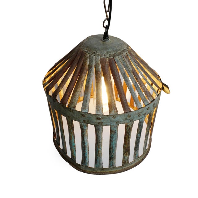 Mid 20th Century Vintage Farmhouse Industrial Iron Basket Cage Pendant Light For Sale - Image 5 of 7