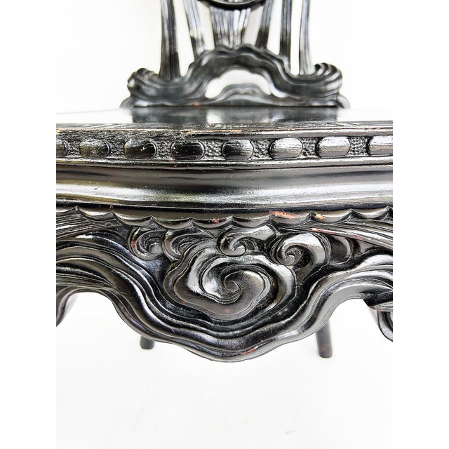 Early 20th Century Chinese Heavily Carved Ebonized Chair With Art Nouveau Influence, Greek Key Trim For Sale - Image 14 of 15