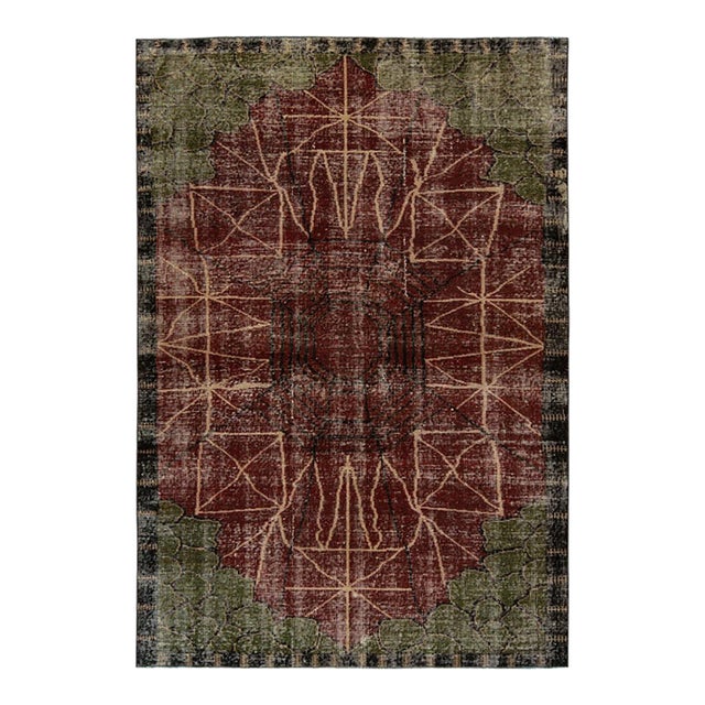 1960s Vintage Art Deco Rug in Red, Green, Black, Distressed Geometric Pattern For Sale