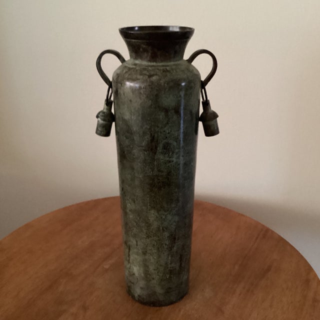 Vintage Cylindrical Metal Patinated Vase/Vessel With Unique Dangling Bell Handles For Sale - Image 10 of 12