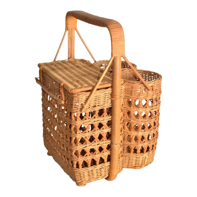 1950s French Bamboo Wicker 2 Wine Bottle Picnic Basket Bohemian Chic Mid-Century For Sale