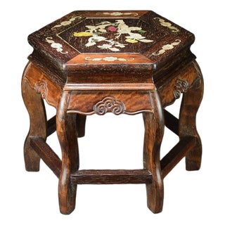 Vintage Chinese Huali Rosewood Hexagonal Stool | Mother-of-Pearl Inlaid Bird & Flower Motif For Sale