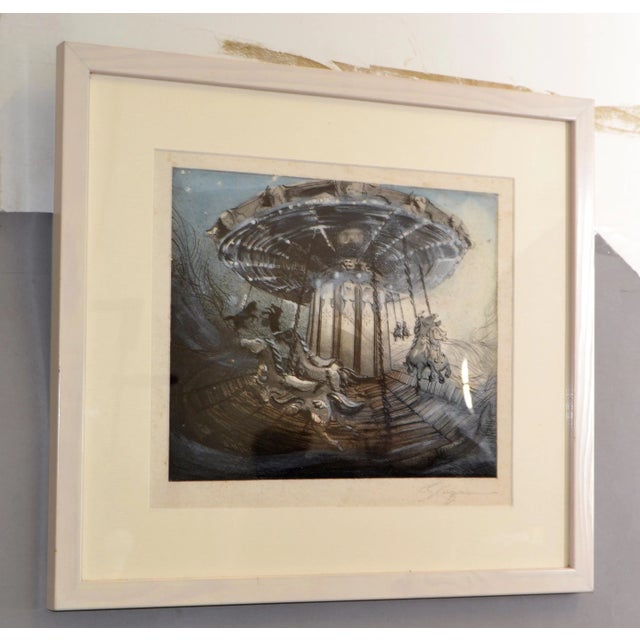 Navy Blue White Framed Signed Antique French Montmartre Carousel Night Mid-Century Modern For Sale - Image 8 of 13