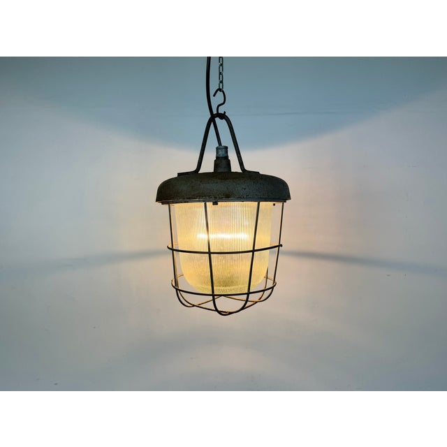 Industrial Cast Iron Cage Pendant Light from Polam, 1960s For Sale - Image 11 of 13