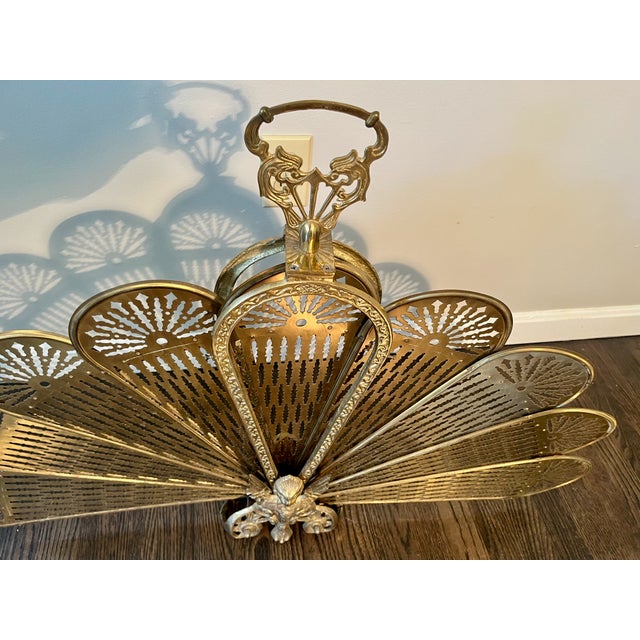 Hollywood Regency Firescreen W/Brass Peacock Feathers Gargoyle Base 1960s For Sale In Providence - Image 6 of 6