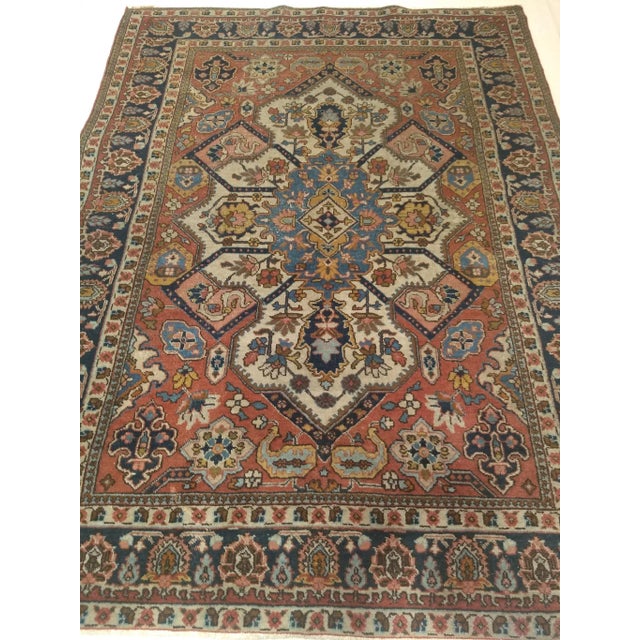 Vintage Persian Tabriz Area Rug, Handwoven Heriz Serapi Geometric Pattern, Ivory & Red, 5’ X 6’ For Sale - Image 11 of 11