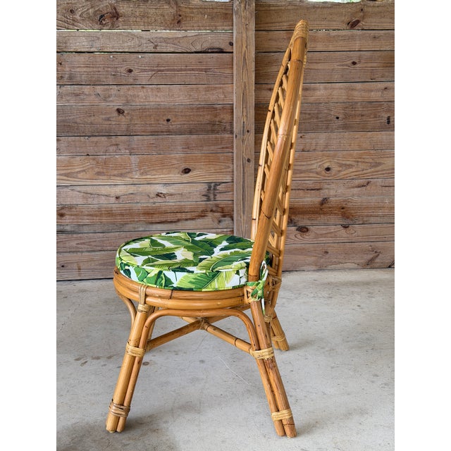 Vintage Coastal Boho Rattan Leaf Back Side Chair With Custom Tropical Cushion For Sale - Image 4 of 12
