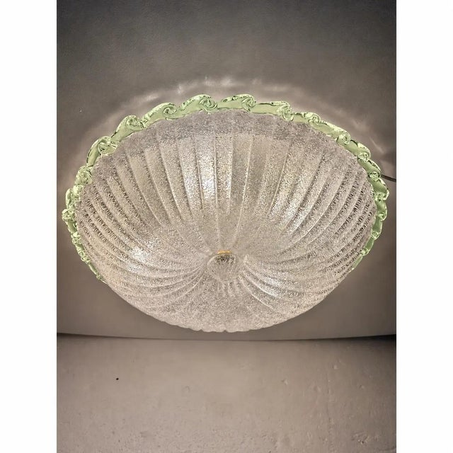 1990s 1990s Traditional Italian White Graniglia" Budino"Murano Glass Flush Mount in 70' Style With Green Trimming - a Pair For Sale - Image 5 of 7