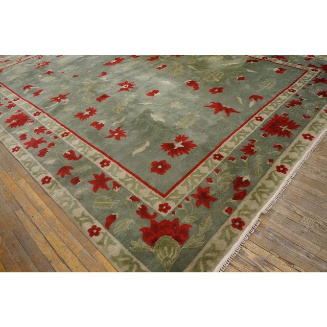 Awesome Green Ground Color With Striking Red Flowers in a Floral Design Antique Chinese Art Deco Rug For Sale In New York - Image 6 of 12