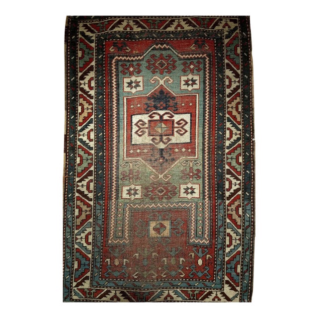 Antique Fachralo Kazak Rug, Hand-Knotted Wool, Red & Green, Caucasus, 3' x 5' For Sale