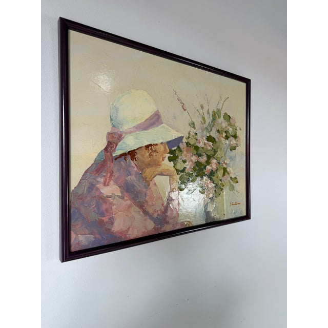 Hollywood Regency 1970s Vintage Daydream- Still Life Portrait Oil on Board Painting, Signed Shallow – Framed For Sale - Image 3 of 12