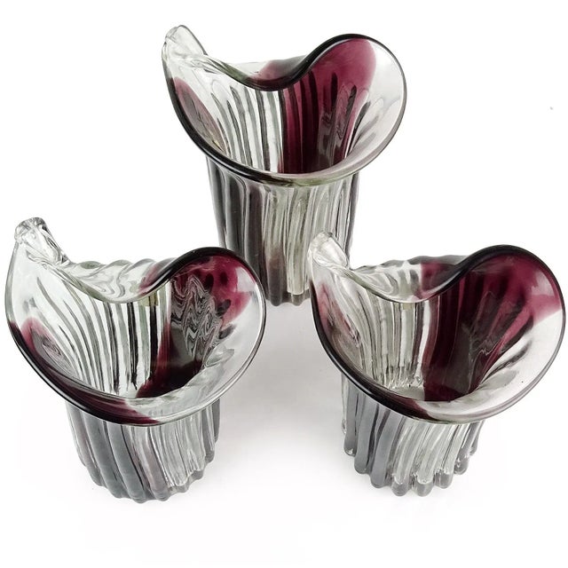 Mid-Century Modern Vintage Murano Fratelli Toso Purple Stripe Italian Art Glass Scroll Edge Midcentury Flower Vase For Sale - Image 3 of 6