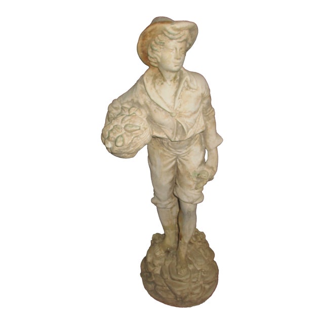 Vintage 17th Century Style French Plaster Statue of Boy With Flower For Sale