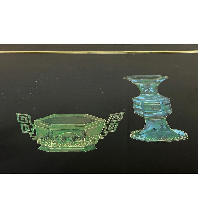 Vintage Chinoiseries Black & Stone Inlay Graphic Credenza Storage Cabinet For Sale - Image 9 of 12