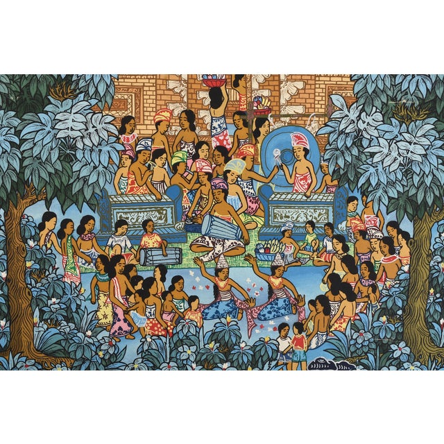 Tribal Large Vintage Oil Painting Balinese Scene Colorful Framed For Sale - Image 3 of 13