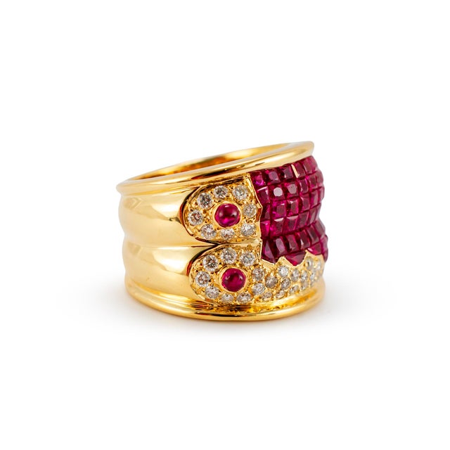 Modern Vintage 18k Yellow Gold 4.16ctw Invisible Set Ruby Diamond Mystery Band Ring, Size 7.75 For Sale - Image 3 of 8