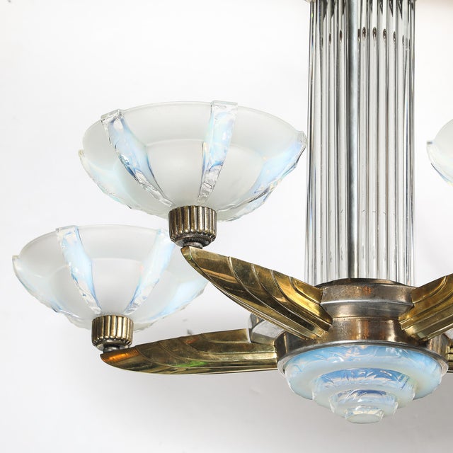 Art Deco Brass Petitot Chandelier W/ Glass Rods & Opalescent Glass Shades For Sale - Image 11 of 18