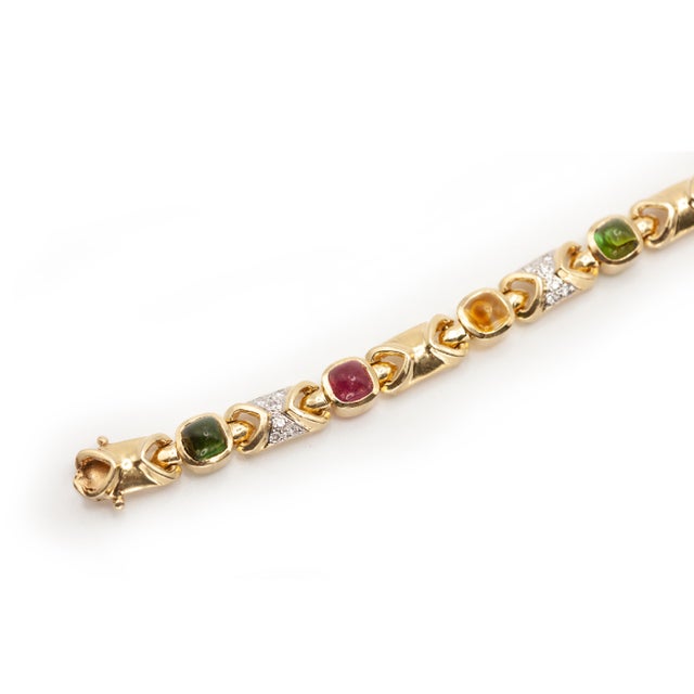 Gold 1980s 14k Yellow Gold Multicolor Gemstone and Diamond Link Bracelet For Sale - Image 8 of 12