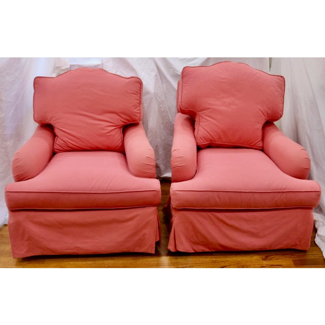Lee Industries Pair of.Rose Pink English Arm Chairs & Ottoman in Rose Pink Cotton Upholstery Fabric. The ottoman is 30 in...