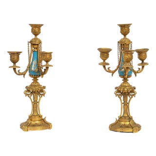 Antique 19th Century Napoleon III Candlesticks in Gilded Bronze and Sèvres Porcelain, France, Set of 2 For Sale