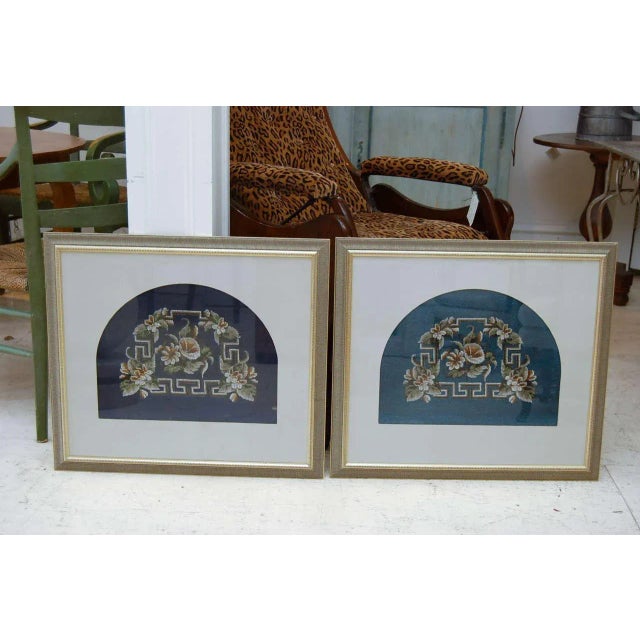 Framed Victorian beadwork in gilded frames. One with dark turquoise ground the other with cobalt blue ground. Flowers and...