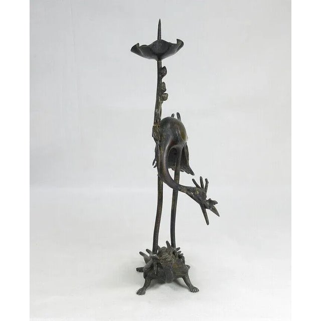 Japanese Meiji Early 20th Century Japanese Shokudai Bronze Candlestick Antique Metal Crane Bird Tortoise Animal Lotus For Sale - Image 3 of 12