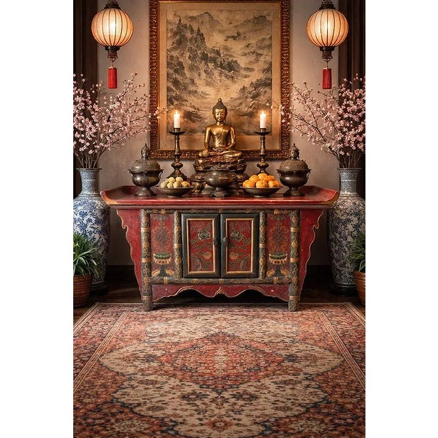 ANTIQUE TIBETAN HAND-PAINTED LOW ALTAR CABINET / TRUNKA vibrant and authentic antique low cabinet from the Himalayan...