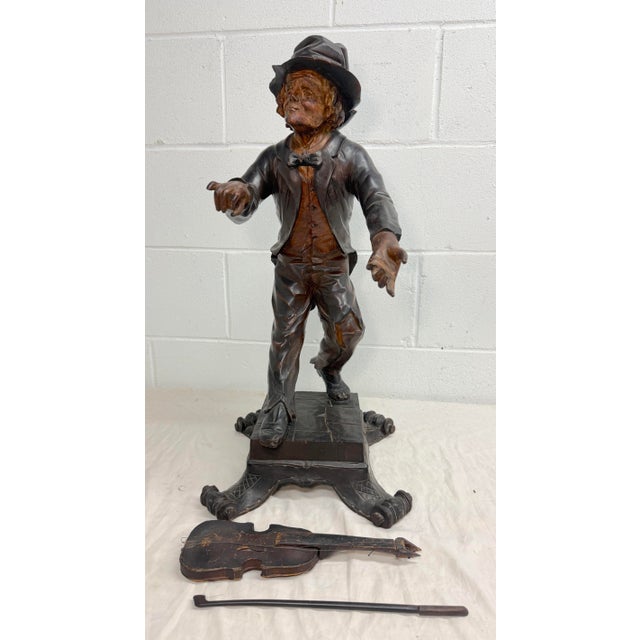 Large Antique European 1800's Carved Wood Fiddler Violinist Sculpture Statue Music For Sale - Image 13 of 18