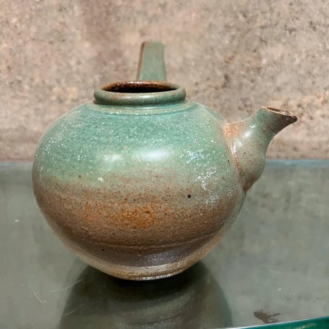 Ceramic 1960s Japanese Old Art Pottery Modern Green Tea Pot For Sale - Image 7 of 12