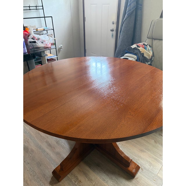 Wood Round Oak Pedestal Dining Table For Sale - Image 7 of 7