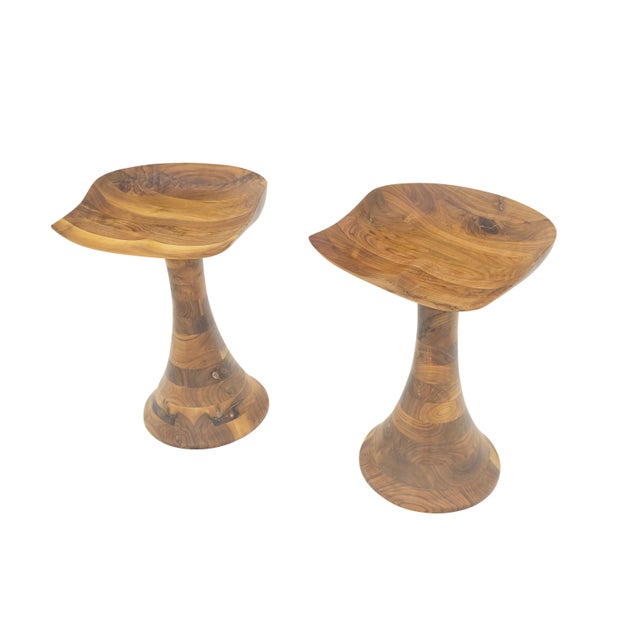 Wood Turned Bases Carved Seat Solid Oiled Walnut Bar Stools MINT! For Sale - Image 7 of 14